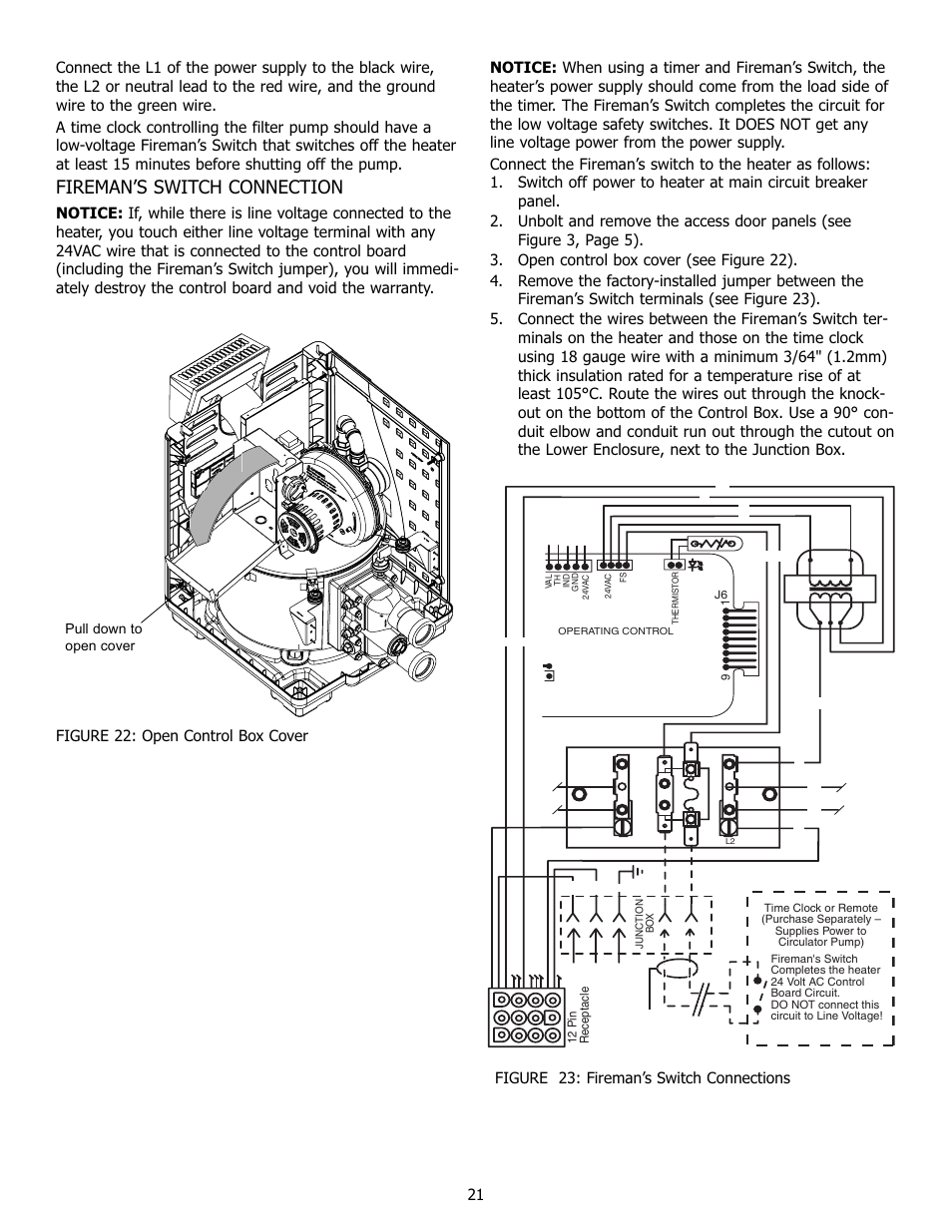 Fireman’s switch connection, Tr an s fuse fuse, Pull down to open cover | Pentair 250K BTU/HR User Manual | Page 21 / 38