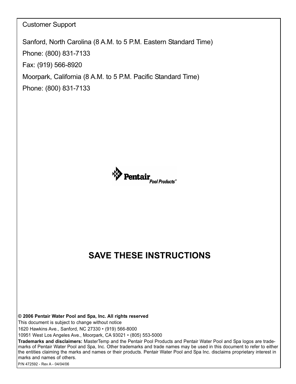 Save these instructions | Pentair 250K BTU/HR User Manual | Page 38 / 38