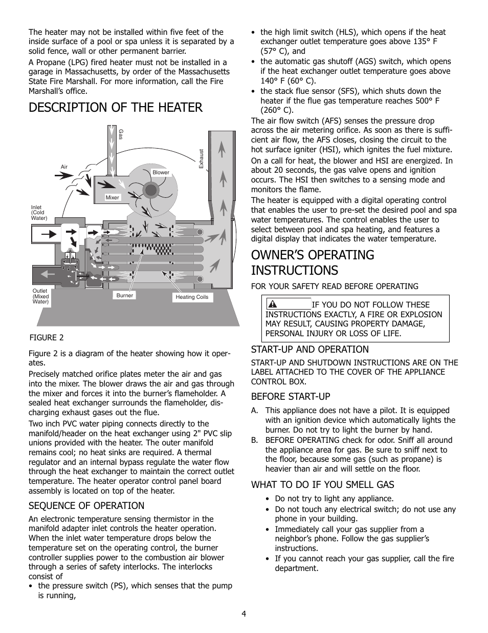 Description of the heater, Owner’s operating instructions | Pentair 250K BTU/HR User Manual | Page 4 / 38