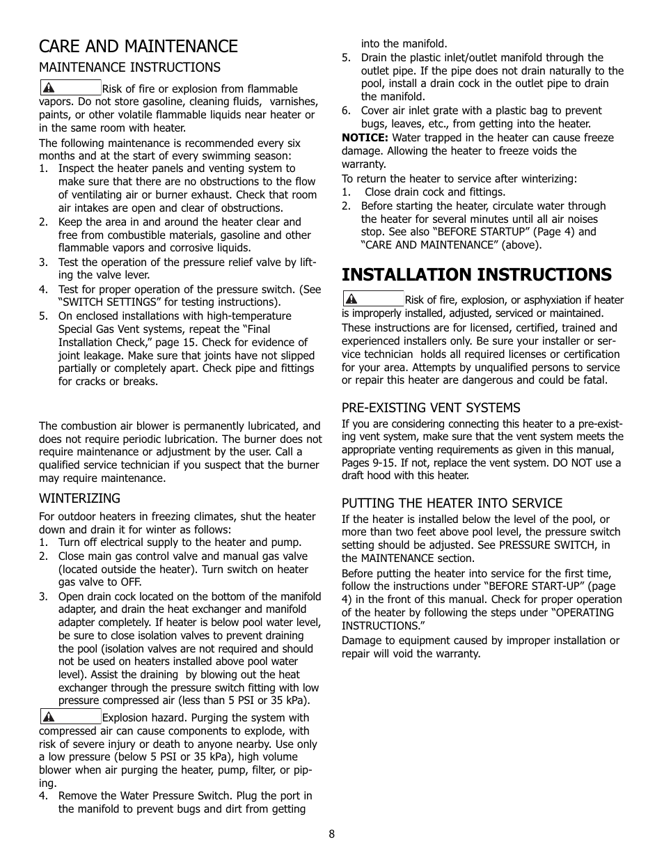 Care and maintenance, Installation instructions | Pentair 250K BTU/HR User Manual | Page 8 / 38