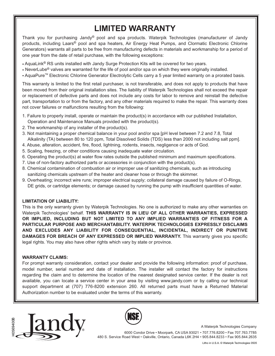Limited warranty | Pentair Slide Backwash Valve User Manual | Page 12 / 12