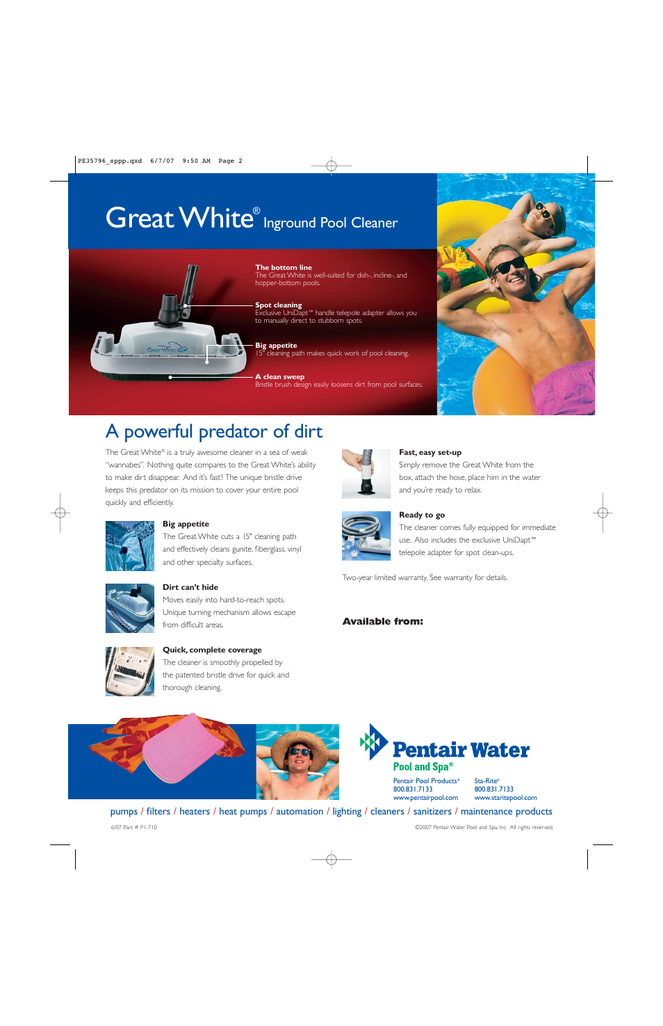 Great white, A powerful predator of dirt, Inground pool cleaner | Pentair Great White User Manual | Page 2 / 2