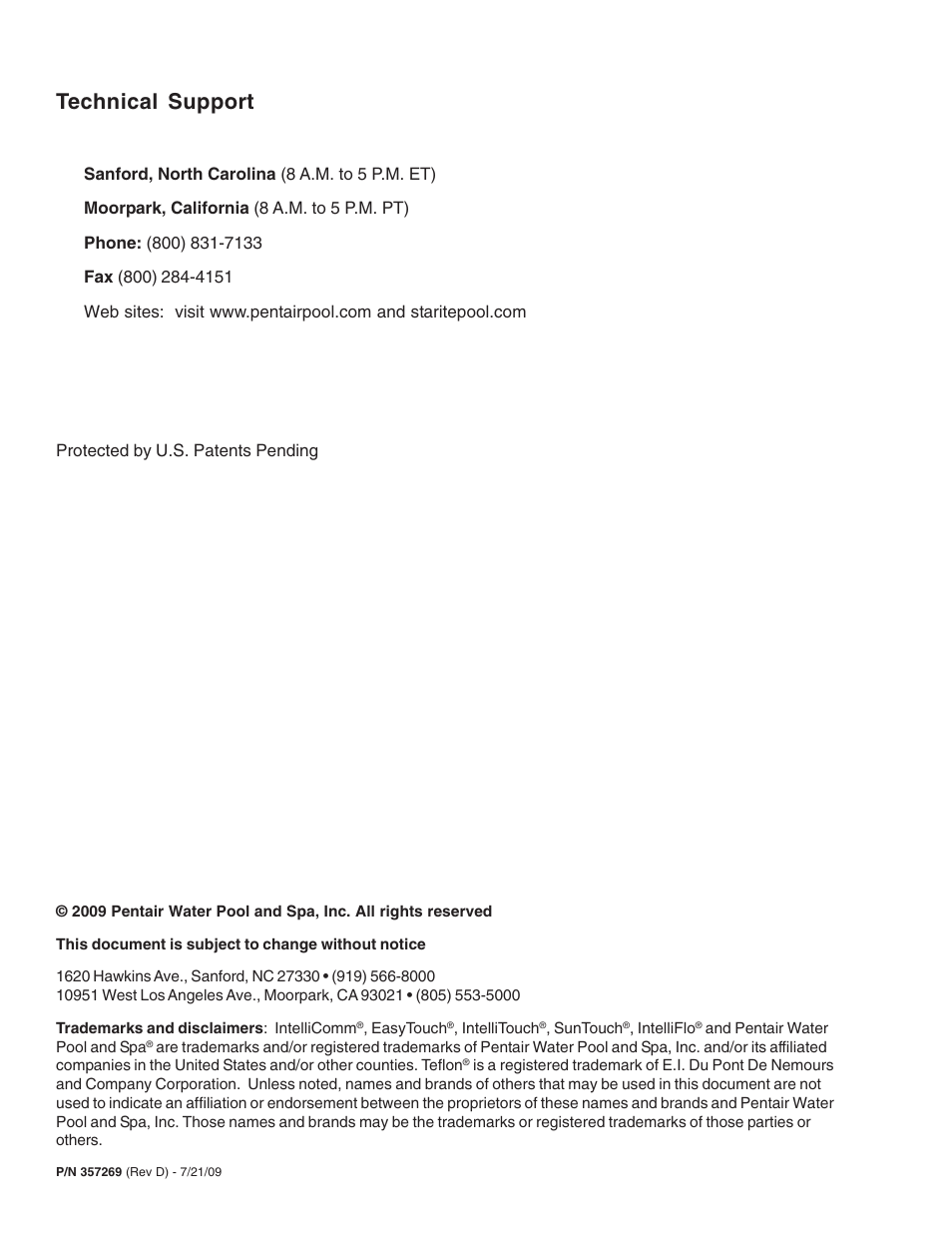 Technical support | Pentair INTELLIFLO VS-3050 User Manual | Page 2 / 44