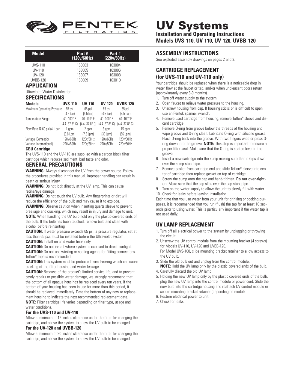 Pentair PENTEK UVS-110 User Manual | 4 pages