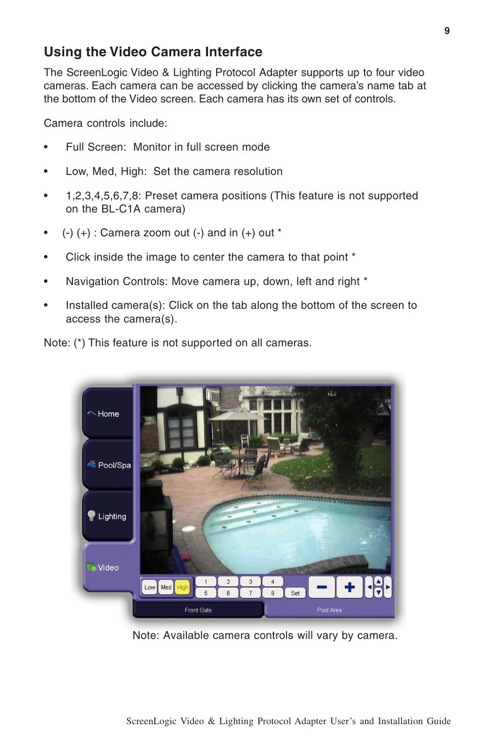 Using the video camera interface | Pentair ScreenLogic BL-C111A User Manual | Page 11 / 16