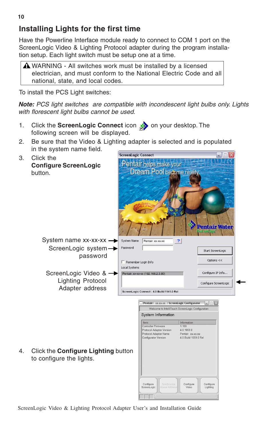 Installing lights for the first time | Pentair ScreenLogic BL-C111A User Manual | Page 12 / 16