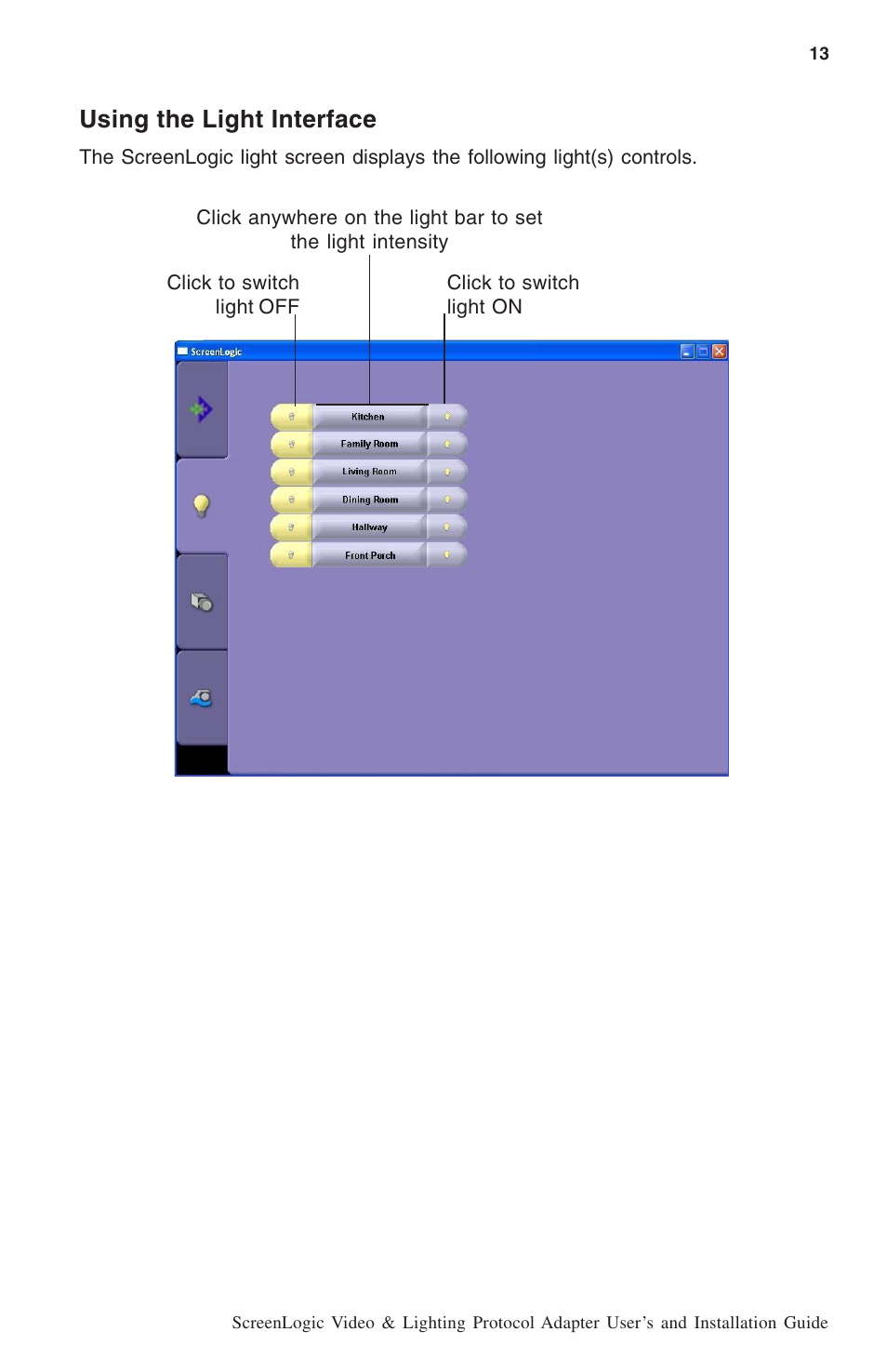 Using the light interface | Pentair ScreenLogic BL-C111A User Manual | Page 15 / 16