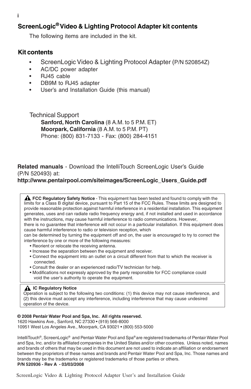 Screenlogic, Video & lighting protocol adapter kit contents, Kit contents | Screenlogic video & lighting protocol adapter, Technical support | Pentair ScreenLogic BL-C111A User Manual | Page 2 / 16