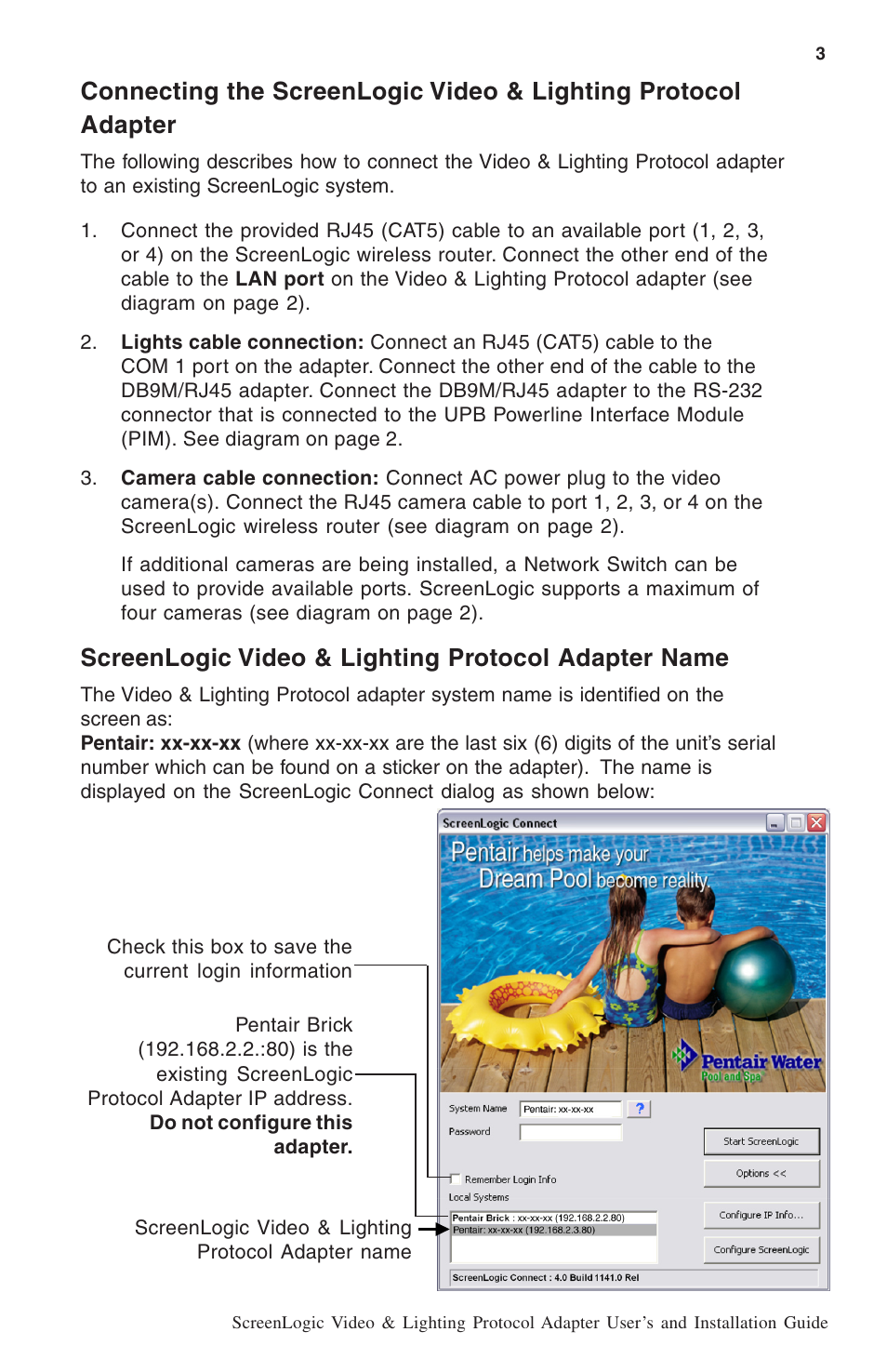 Screenlogic video & lighting protocol adapter name | Pentair ScreenLogic BL-C111A User Manual | Page 5 / 16