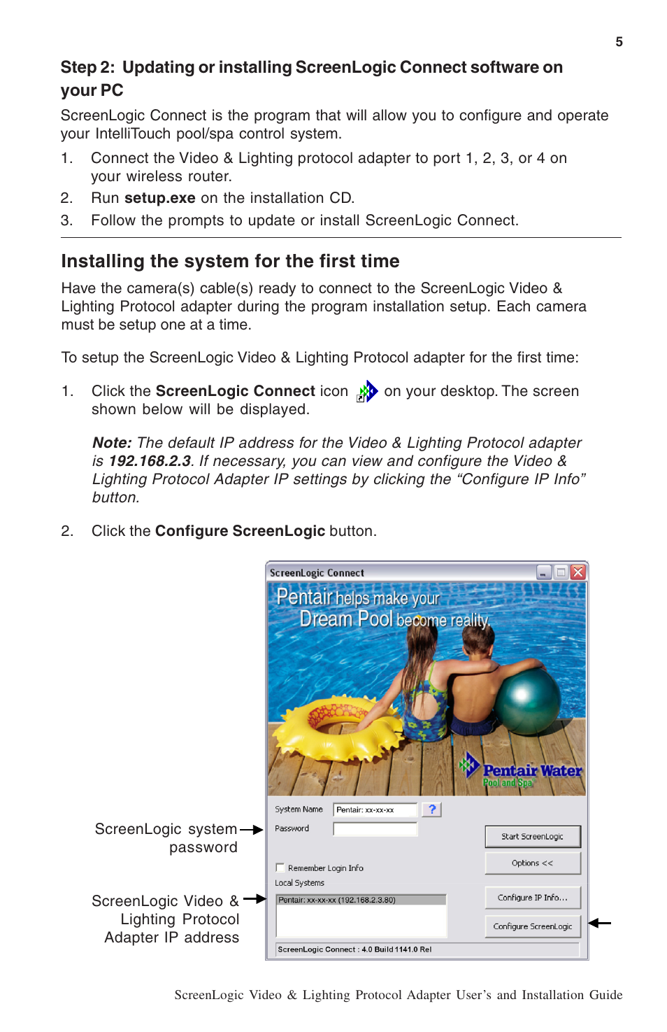 Installing the system for the first time | Pentair ScreenLogic BL-C111A User Manual | Page 7 / 16