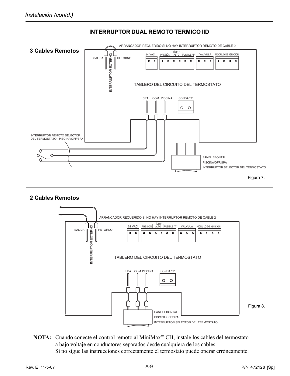 Instalación (contd.), Nota: cuando conecte el control remoto al minimax, 3 cables remotos 2 cables remotos | Pentair Hot Tub User Manual | Page 104 / 110