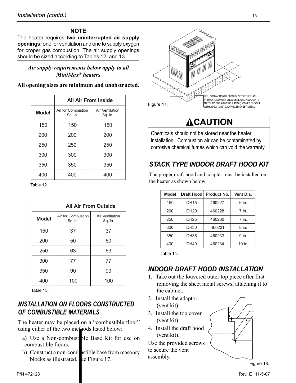 Caution, Stack type indoor draft hood kit, Indoor draft hood installation | Air supply requirements below apply to all minimax | Pentair Hot Tub User Manual | Page 17 / 110