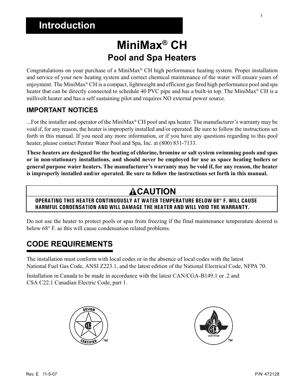 Minimax, Introduction, Pool and spa heaters | Caution, Code requirements | Pentair Hot Tub User Manual | Page 4 / 110