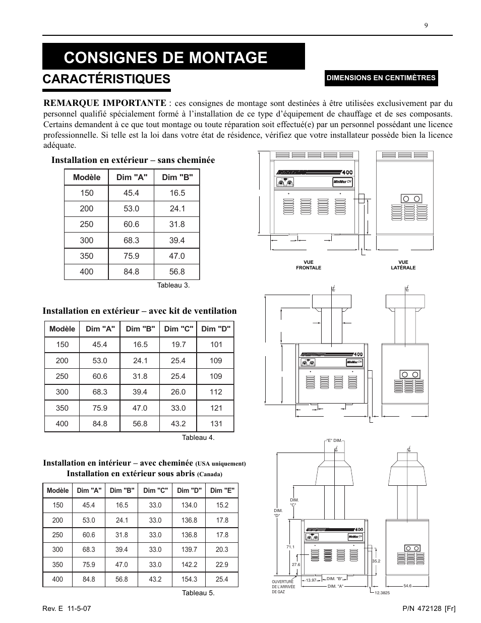 Consignes de montage, Caractéristiques, Remarque importante | Installation en extérieur – sans cheminée | Pentair Hot Tub User Manual | Page 46 / 110