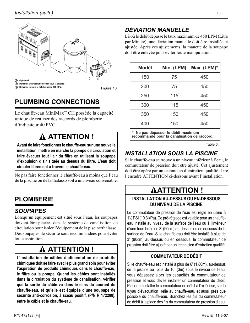 Attention, Plumbing connections, Plomberie | Soupapes, Déviation manuelle, Installation sous la piscine | Pentair Hot Tub User Manual | Page 47 / 110