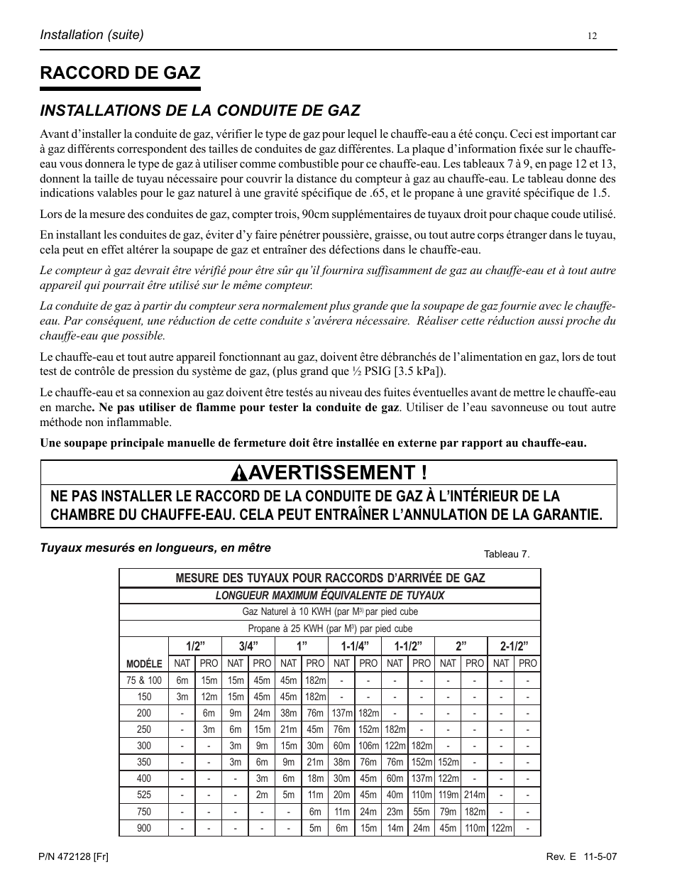 Avertissement, Raccord de gaz, Installations de la conduite de gaz | Pentair Hot Tub User Manual | Page 49 / 110