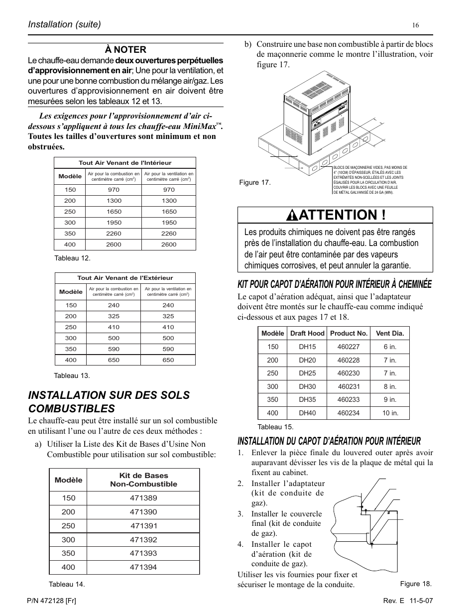 Attention, Installation sur des sols combustibles, Installation du capot d’aération pour intérieur | Installation (suite) | Pentair Hot Tub User Manual | Page 53 / 110