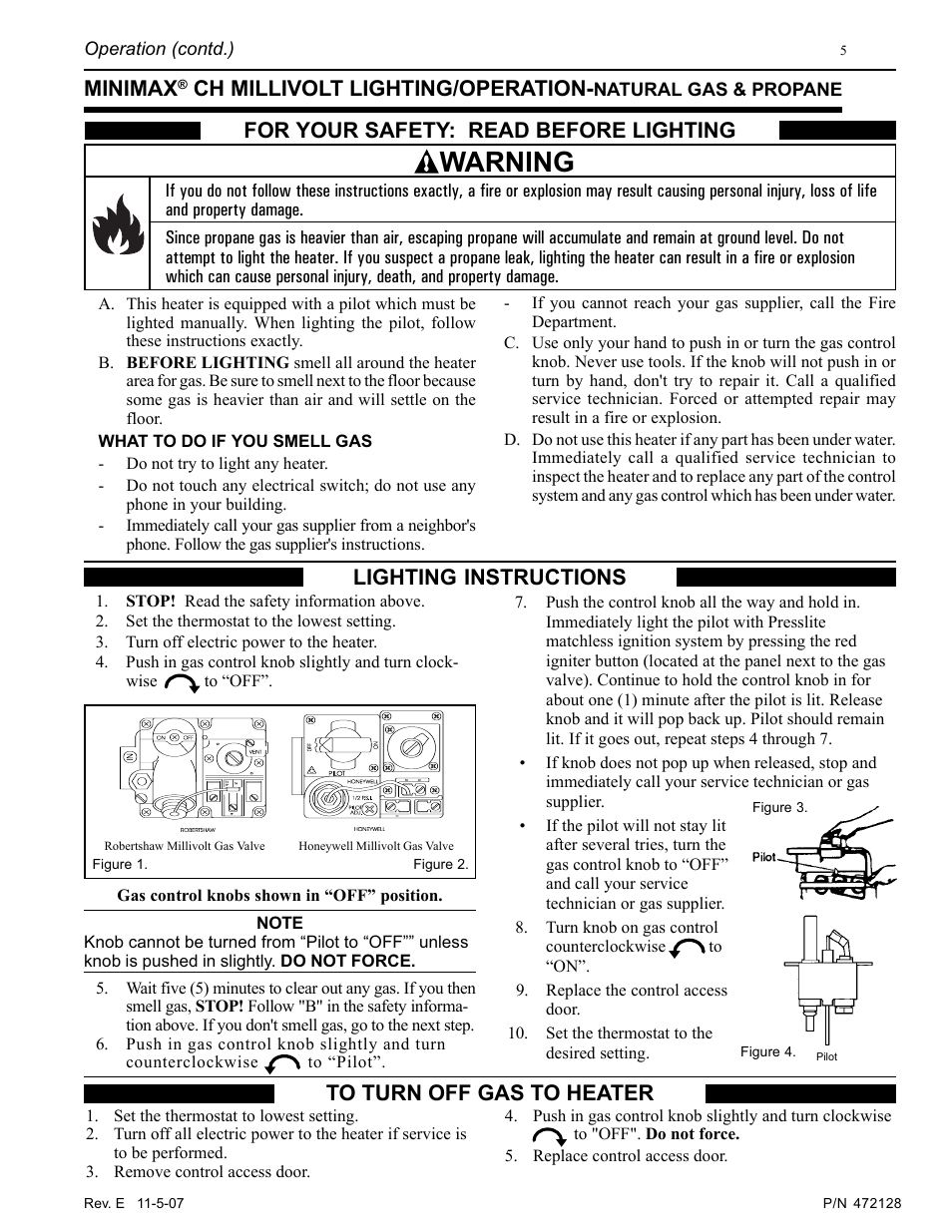 Warning, For your safety: read before lighting, Minimax | Ch millivolt lighting/operation, Lighting instructions to turn off gas to heater | Pentair Hot Tub User Manual | Page 6 / 110