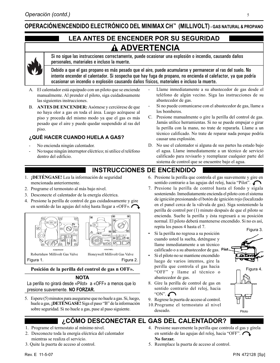 Advertencia, Lea antes de encender por su seguridad, Operación/encendido electrónico del minimax ch | Millivolt) | Pentair Hot Tub User Manual | Page 78 / 110