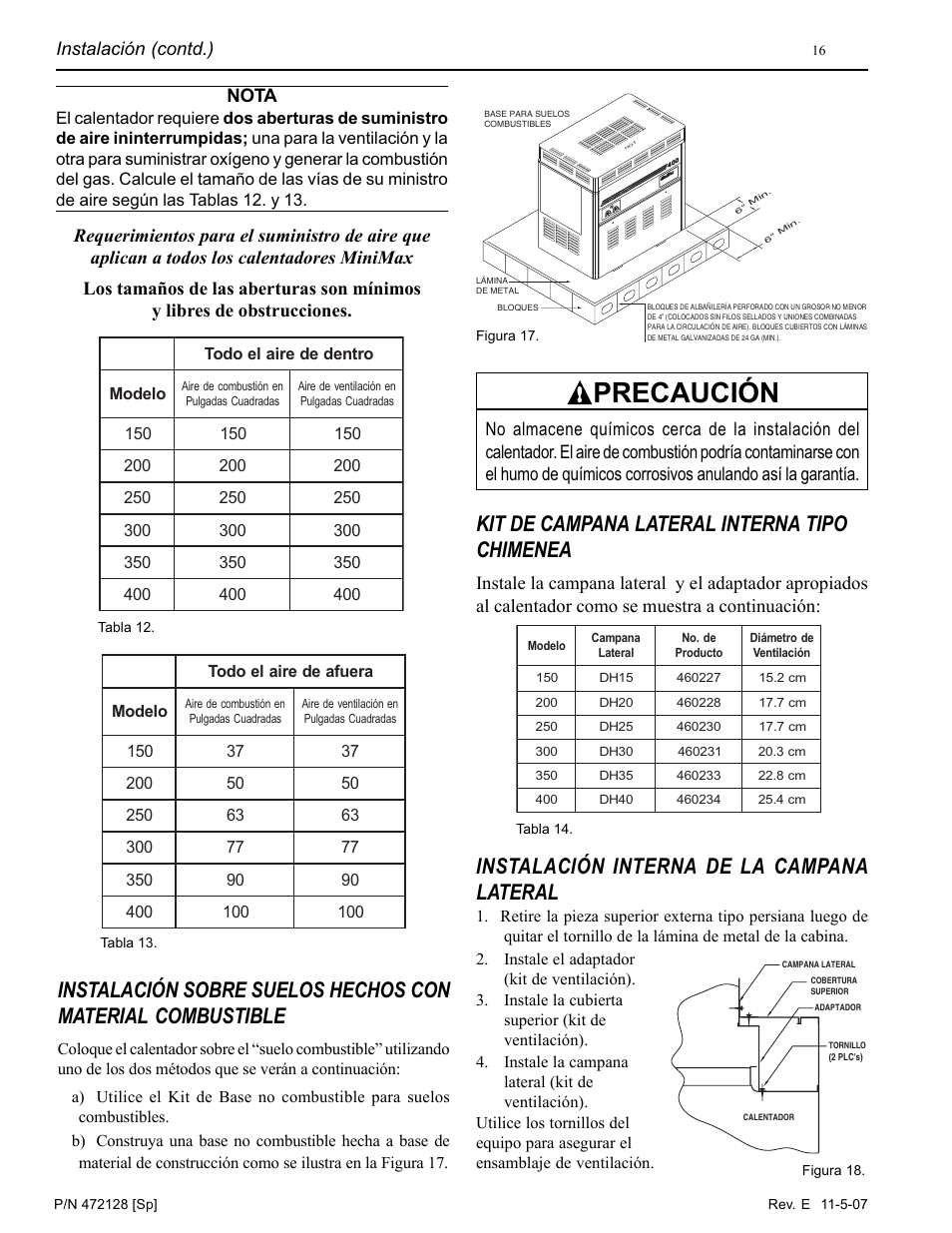 Precaución, Kit de campana lateral interna tipo chimenea, Instalación interna de la campana lateral | Instalación (contd.) | Pentair Hot Tub User Manual | Page 89 / 110