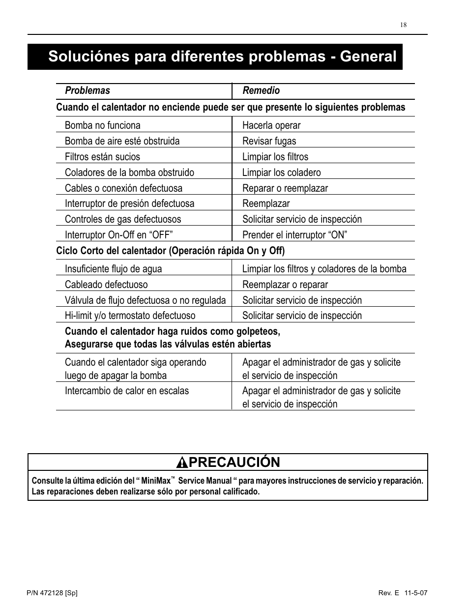 Soluciónes para diferentes problemas - general, Precaución | Pentair Hot Tub User Manual | Page 91 / 110