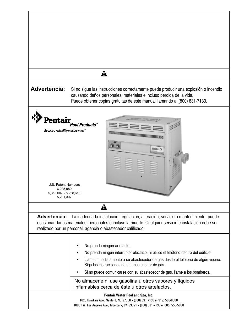 Minimax, 150 iid modelo), Por su seguridad | Calentadores para piscina y spa, Advertencia | Pentair Hot Tub User Manual | Page 96 / 110