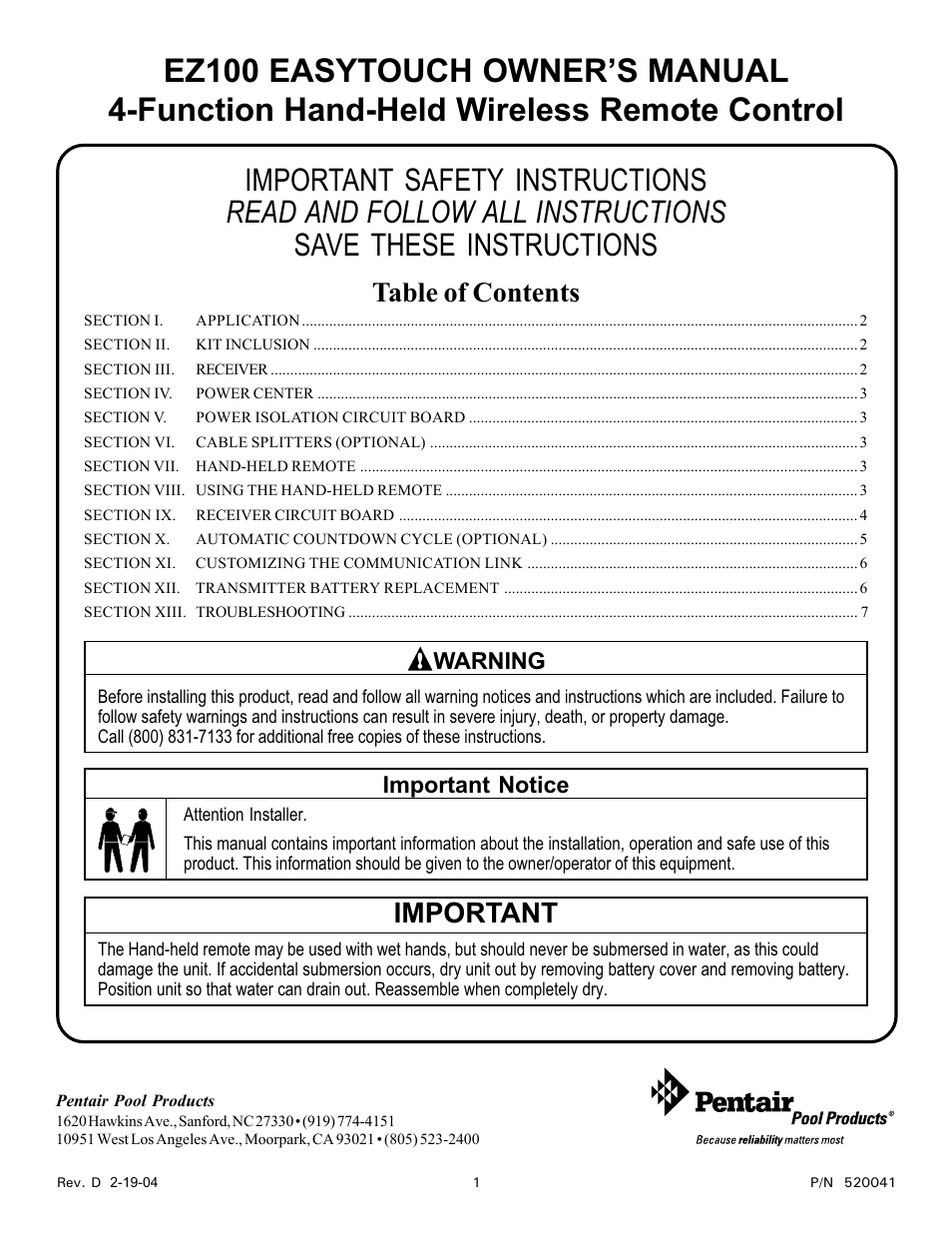 Pentair EASYTOUCH EZ100 User Manual | 8 pages