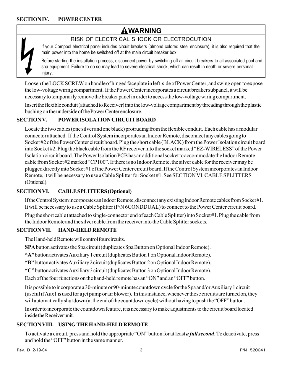 Warning | Pentair EASYTOUCH EZ100 User Manual | Page 3 / 8