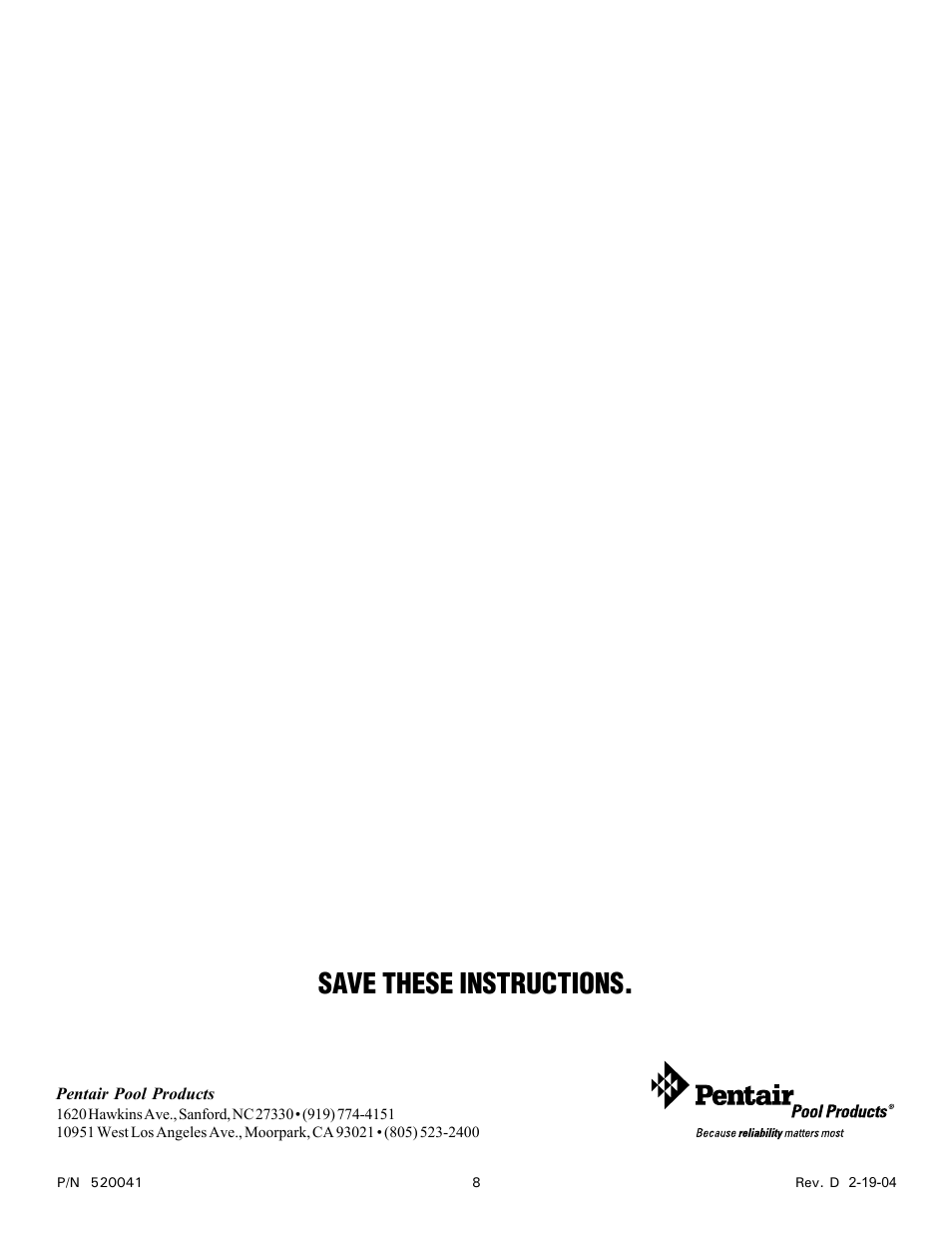 Save these instructions | Pentair EASYTOUCH EZ100 User Manual | Page 8 / 8