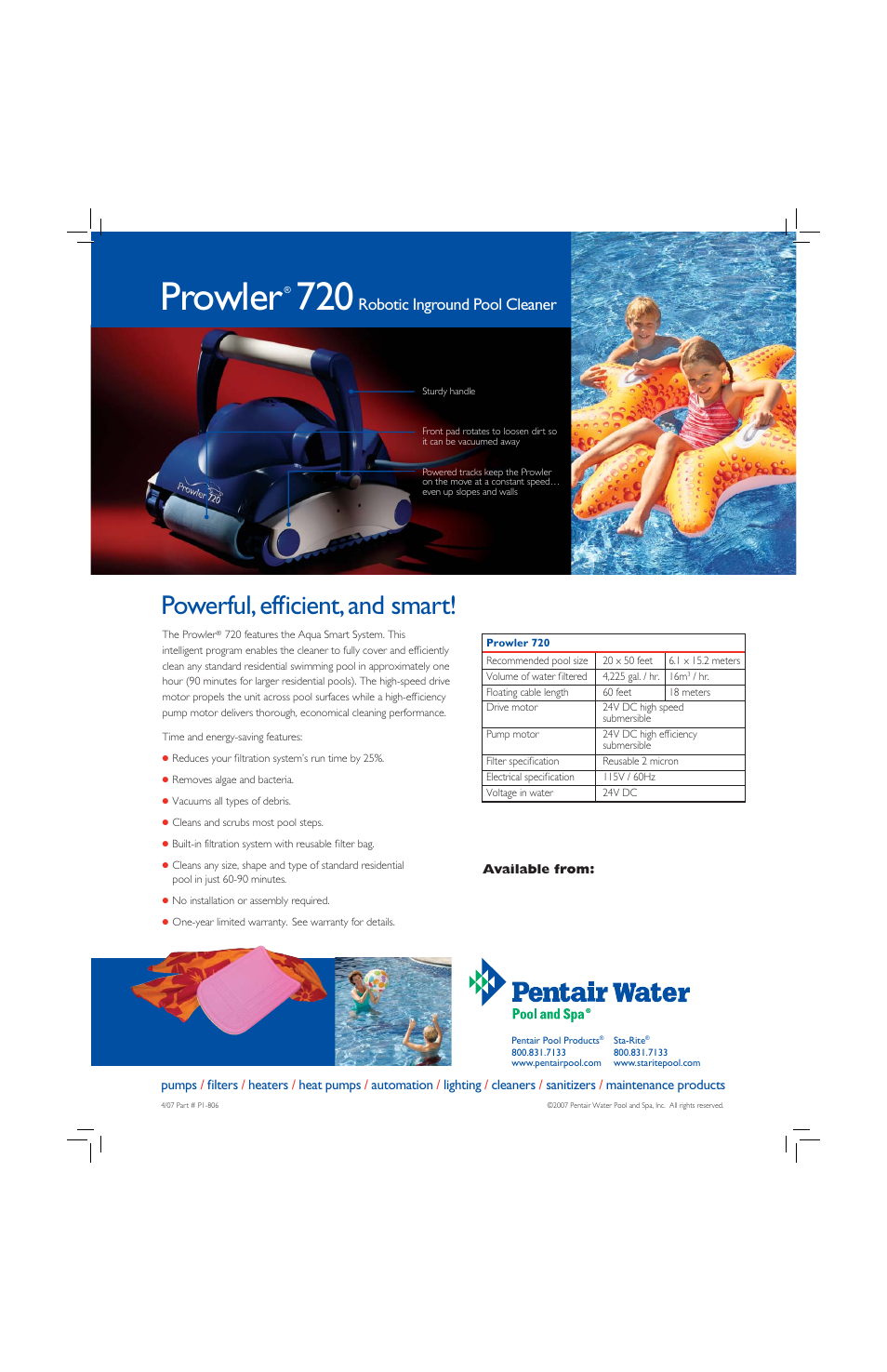 Prowler, Powerful, efficient, and smart, Robotic inground pool cleaner | Pentair Prowler 720 User Manual | Page 2 / 2