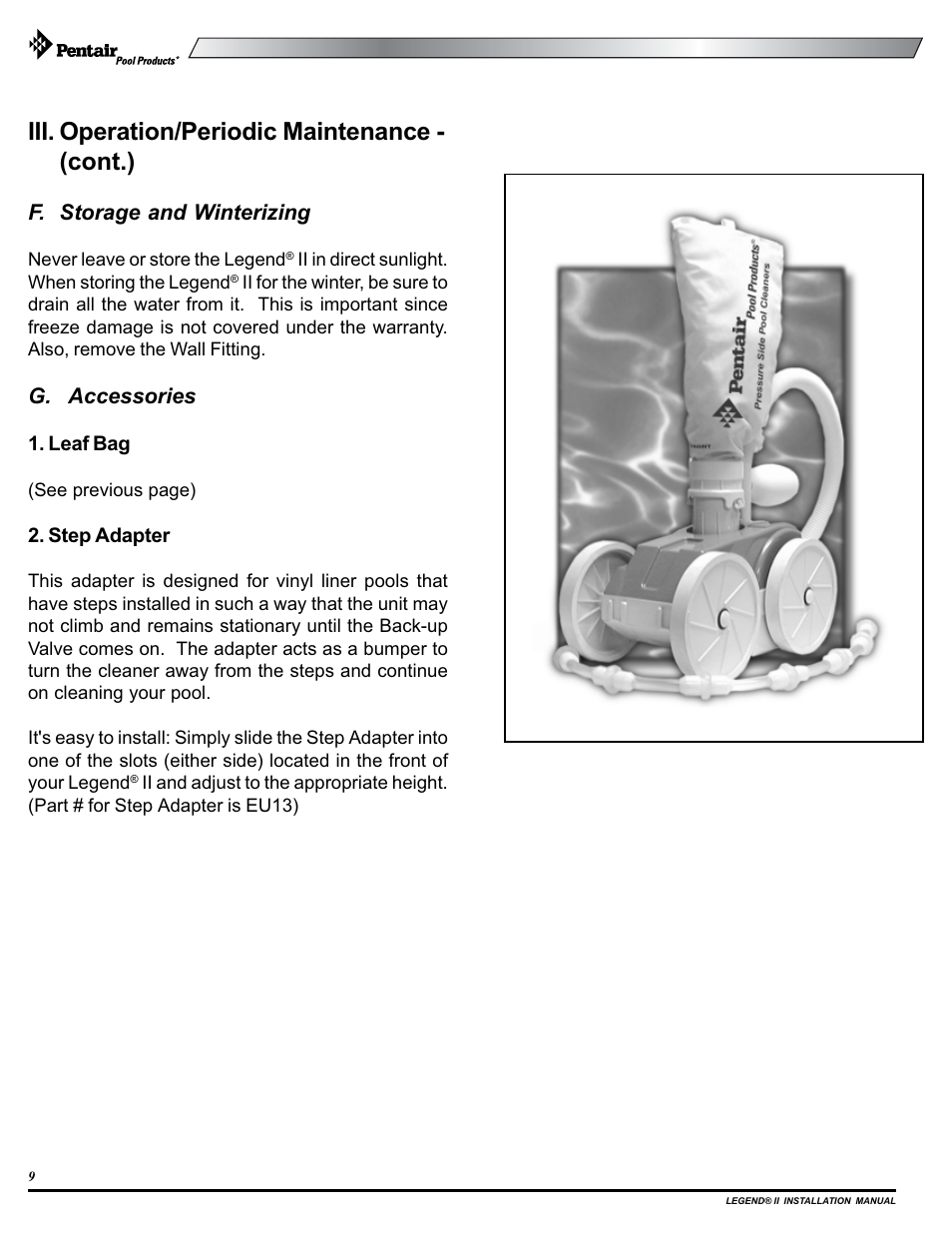 Iii. operation/periodic maintenance - (cont.), F. storage and winterizing, G. accessories | Pentair pool cleaner User Manual | Page 12 / 20