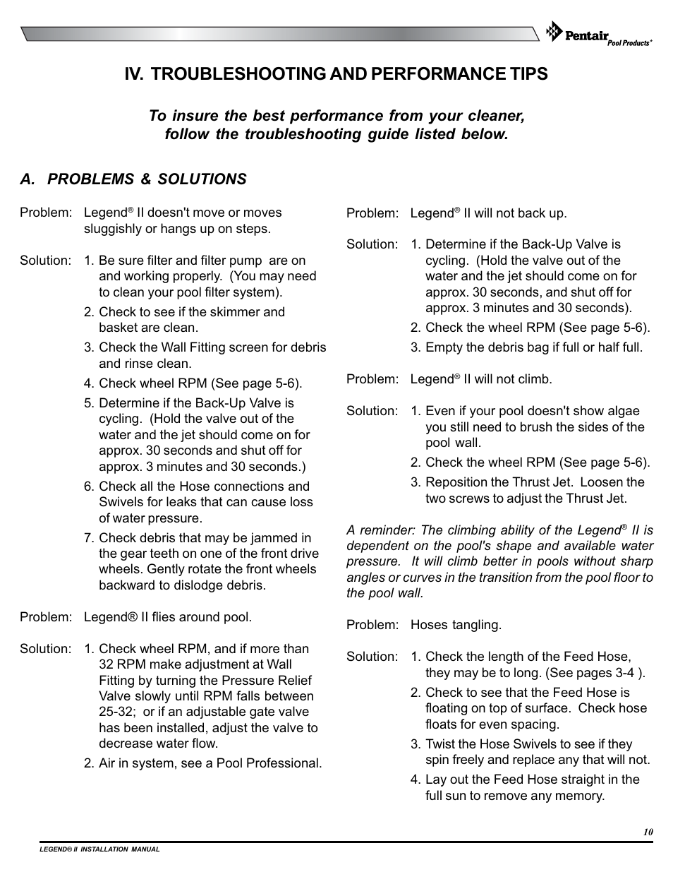 Iv. troubleshooting and performance tips, A. problems & solutions | Pentair pool cleaner User Manual | Page 13 / 20