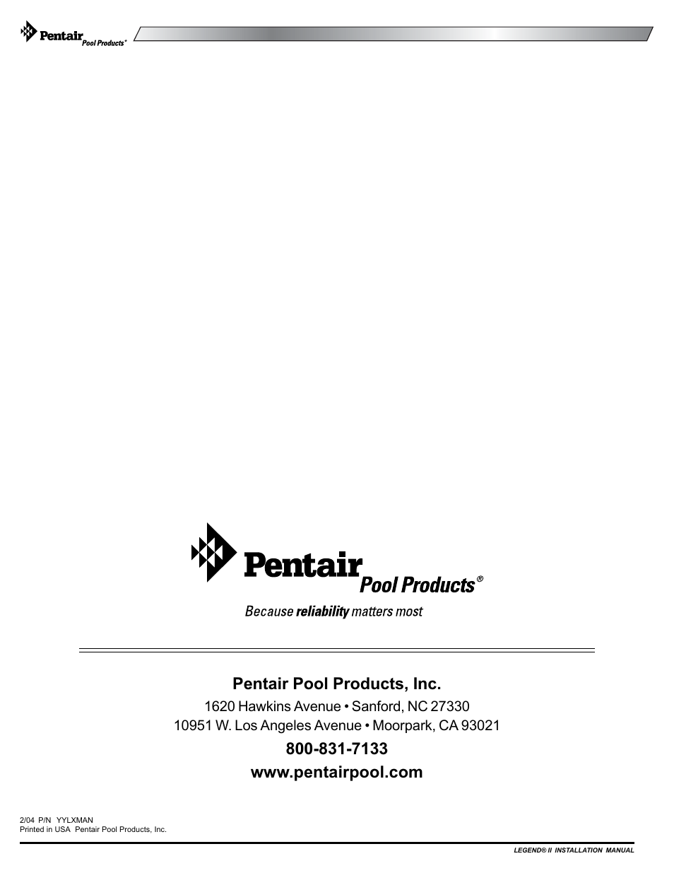 Pentair pool products, inc | Pentair pool cleaner User Manual | Page 20 / 20