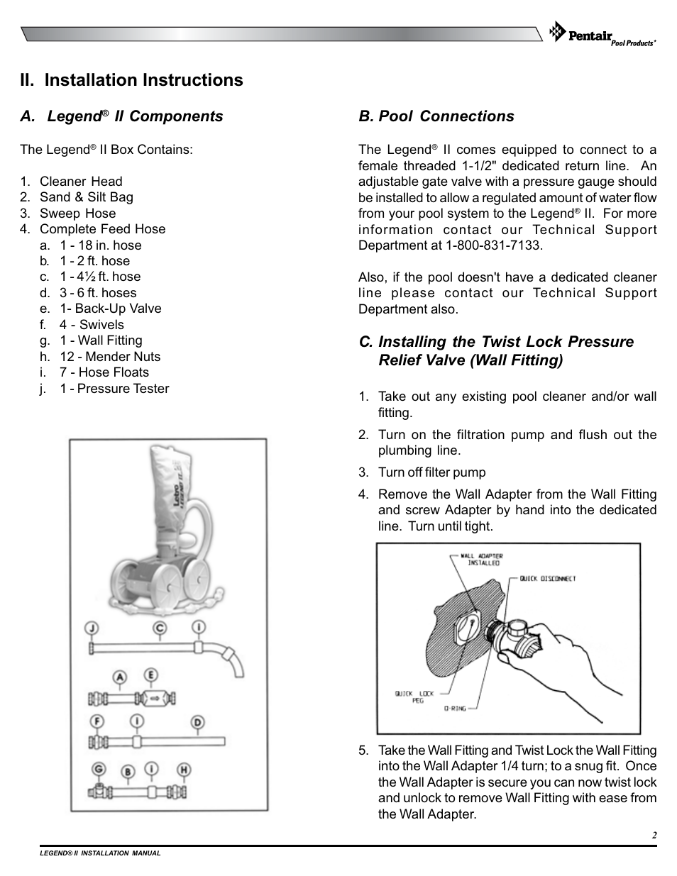 Ii. installation instructions, A. legend, Ii components | B. pool connections | Pentair pool cleaner User Manual | Page 5 / 20