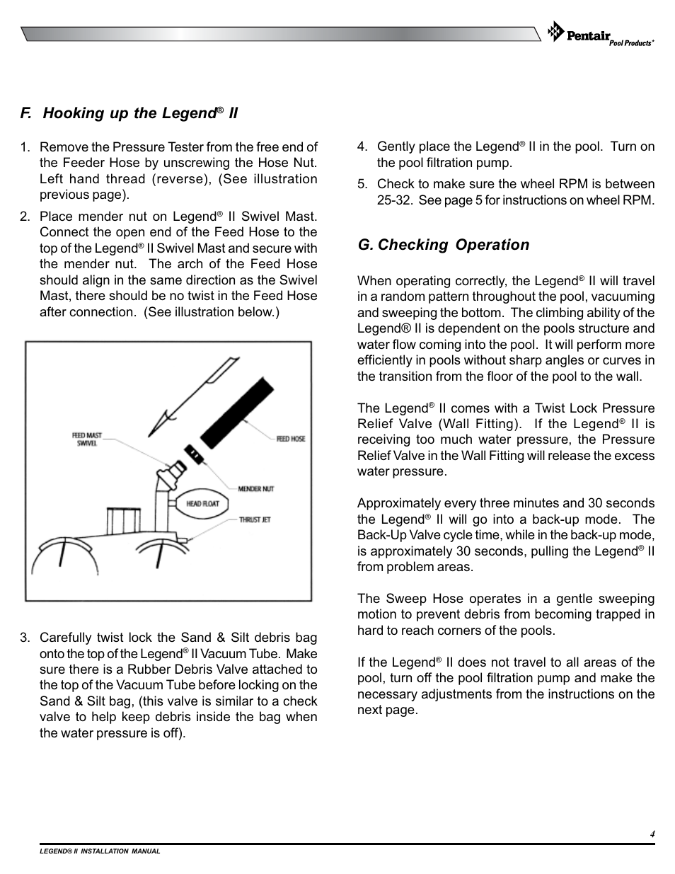 F. hooking up the legend, G. checking operation | Pentair pool cleaner User Manual | Page 7 / 20