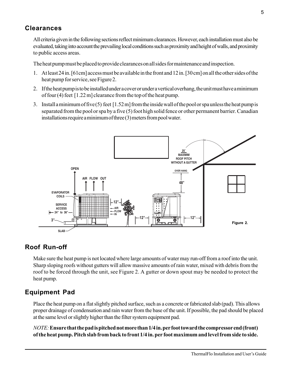 Clearances, Roof run-off, Equipment pad | Pentair ThermalFlo User Manual | Page 13 / 40