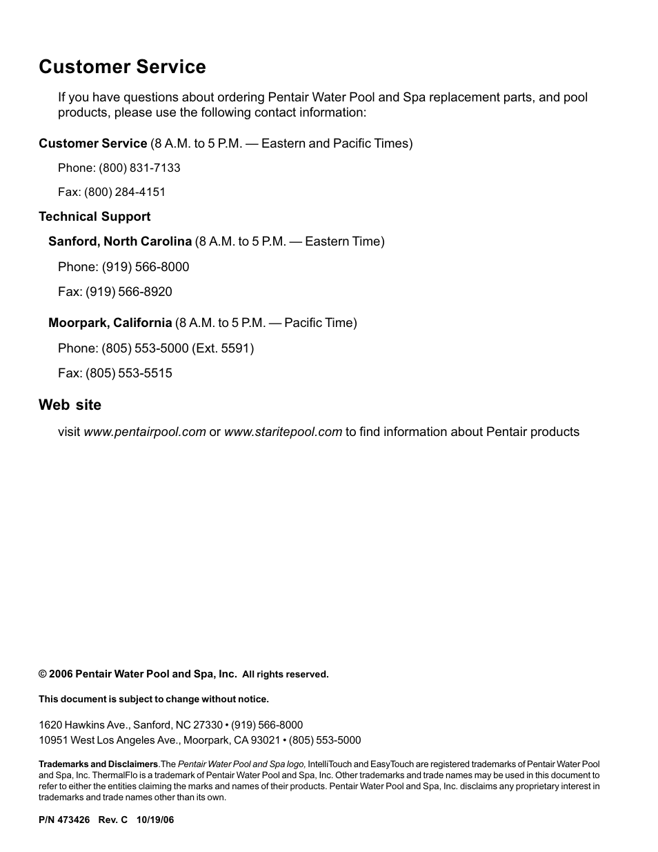 Customer service, Web site | Pentair ThermalFlo User Manual | Page 2 / 40