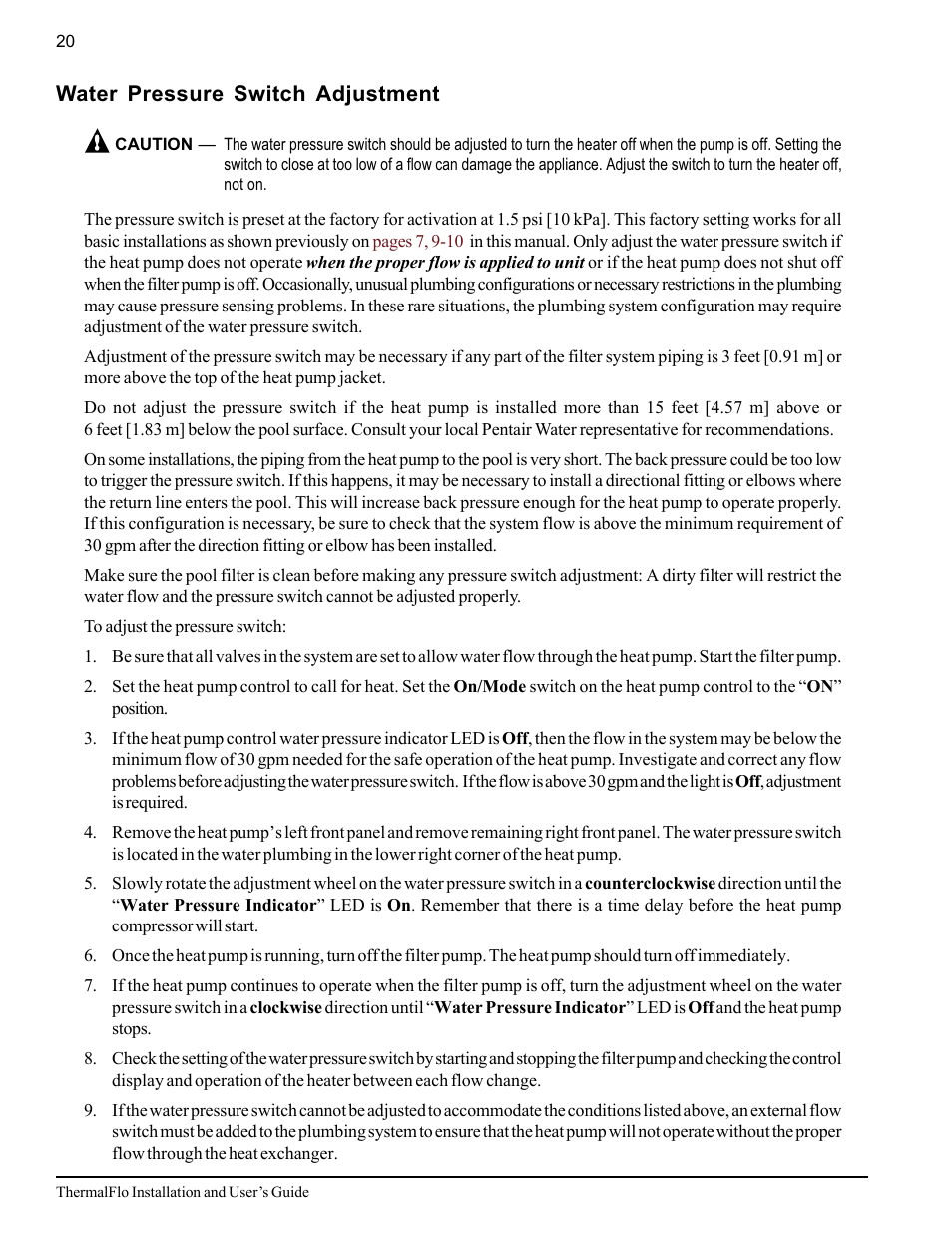 Water pressure switch adjustment | Pentair ThermalFlo User Manual | Page 28 / 40