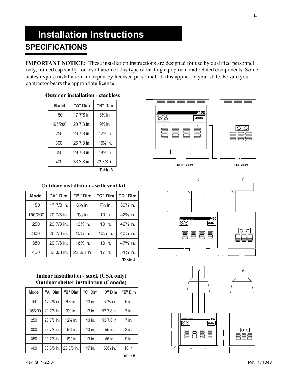 Installation instructions, Specifications | Pentair Pool and SPA Heater PowerMax User Manual | Page 13 / 40