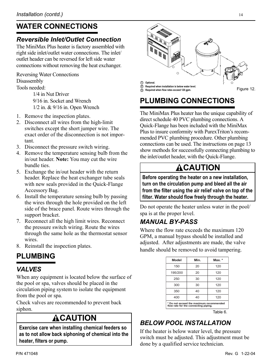 Caution, Plumbing connections, Water connections | Plumbing, Manual by-pass, Reversible inlet/outlet connection, Valves, Below pool installation, Installation (contd.) | Pentair Pool and SPA Heater PowerMax User Manual | Page 14 / 40