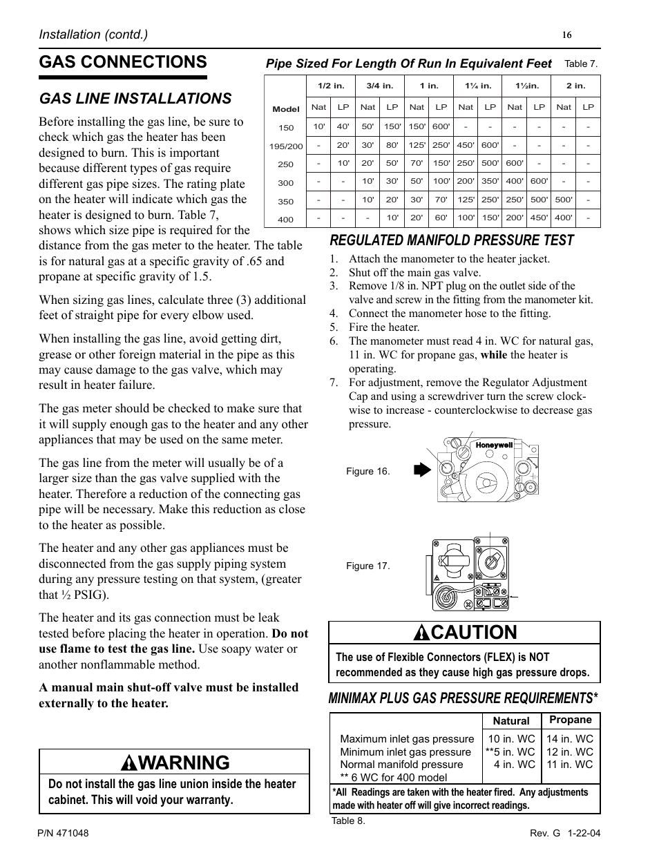 Warning, Caution, Gas connections | Gas line installations, Regulated manifold pressure test, Minimax plus gas pressure requirements, Installation (contd.), Pipe sized for length of run in equivalent feet | Pentair Pool and SPA Heater PowerMax User Manual | Page 16 / 40