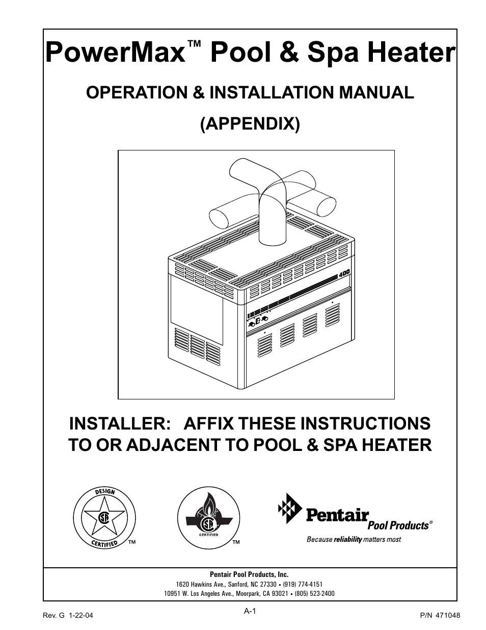 Powermax, Pool & spa heater, Operation & installation manual (appendix) | Pentair Pool and SPA Heater PowerMax User Manual | Page 27 / 40