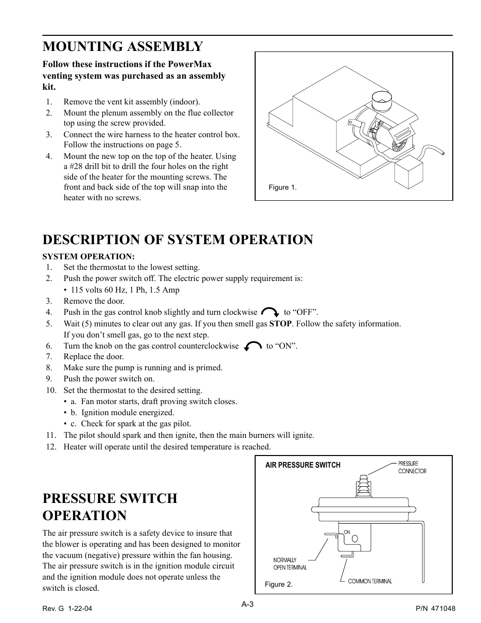 Mounting assembly, Pressure switch operation, Description of system operation | Pentair Pool and SPA Heater PowerMax User Manual | Page 29 / 40