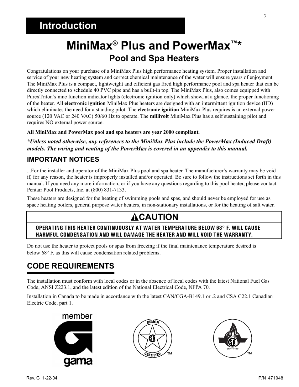 Minimax, Plus and powermax, Introduction | Pool and spa heaters, Caution | Pentair Pool and SPA Heater PowerMax User Manual | Page 3 / 40