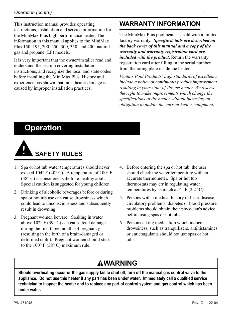 Operation, Warning, Safety rules | Warranty information | Pentair Pool and SPA Heater PowerMax User Manual | Page 4 / 40