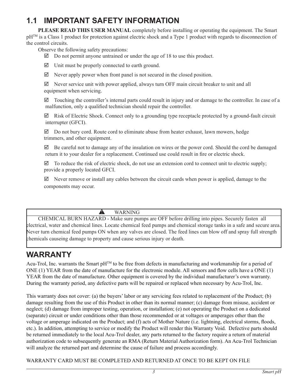 1 important safety information, Warranty | Pentair Water Chemistry Controller Smart pH User Manual | Page 3 / 13