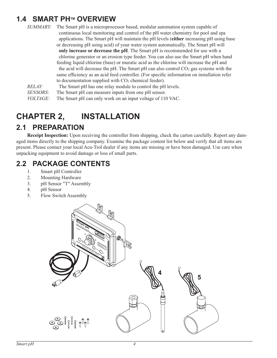 Chapter 2, installation, 4 smart ph, Overview | 1 preparation, 2 package contents, Smart ph 4 | Pentair Water Chemistry Controller Smart pH User Manual | Page 4 / 13