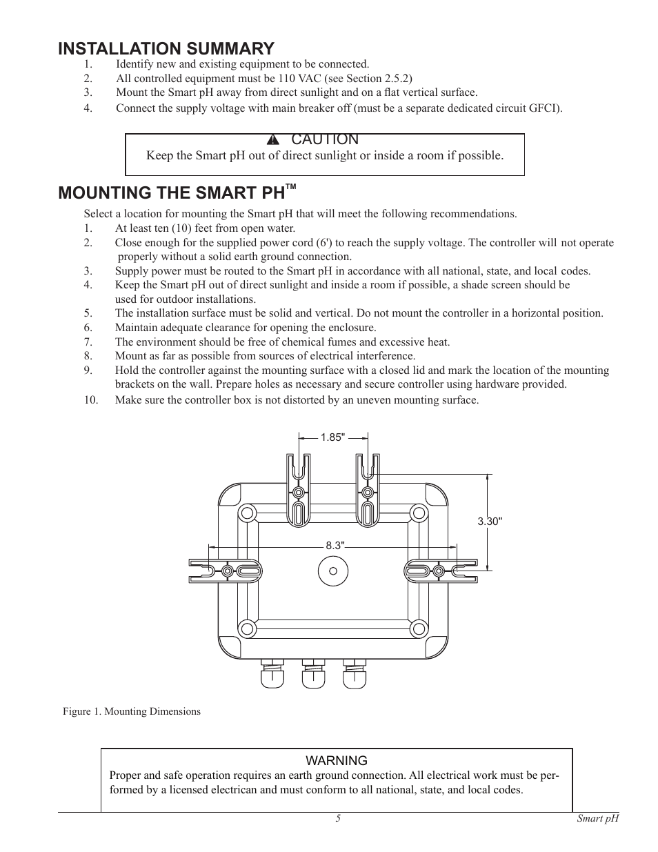 Installation summary, Mounting the smart ph | Pentair Water Chemistry Controller Smart pH User Manual | Page 5 / 13