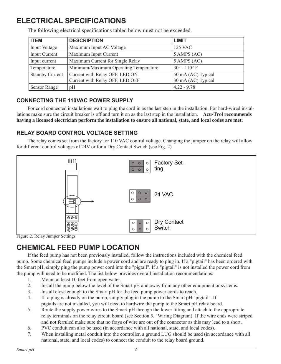 Electrical specifications, Chemical feed pump location | Pentair Water Chemistry Controller Smart pH User Manual | Page 6 / 13