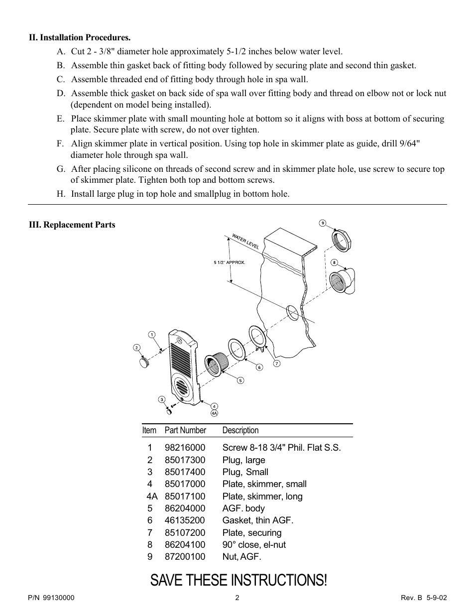 Save these instructions | Pentair Hot Tub Skimmer User Manual | Page 2 / 2